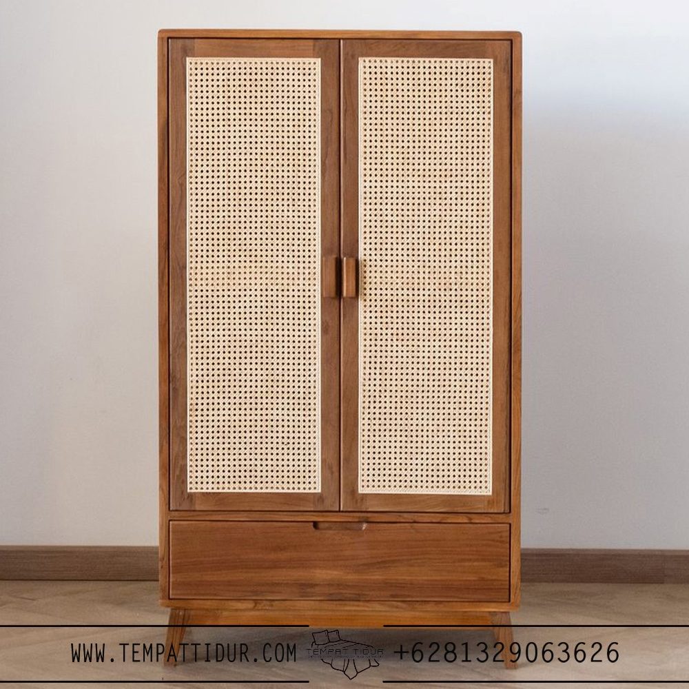 Lemari pakaian jati rotan 2 pintu gantungan 1 laci TT-055
