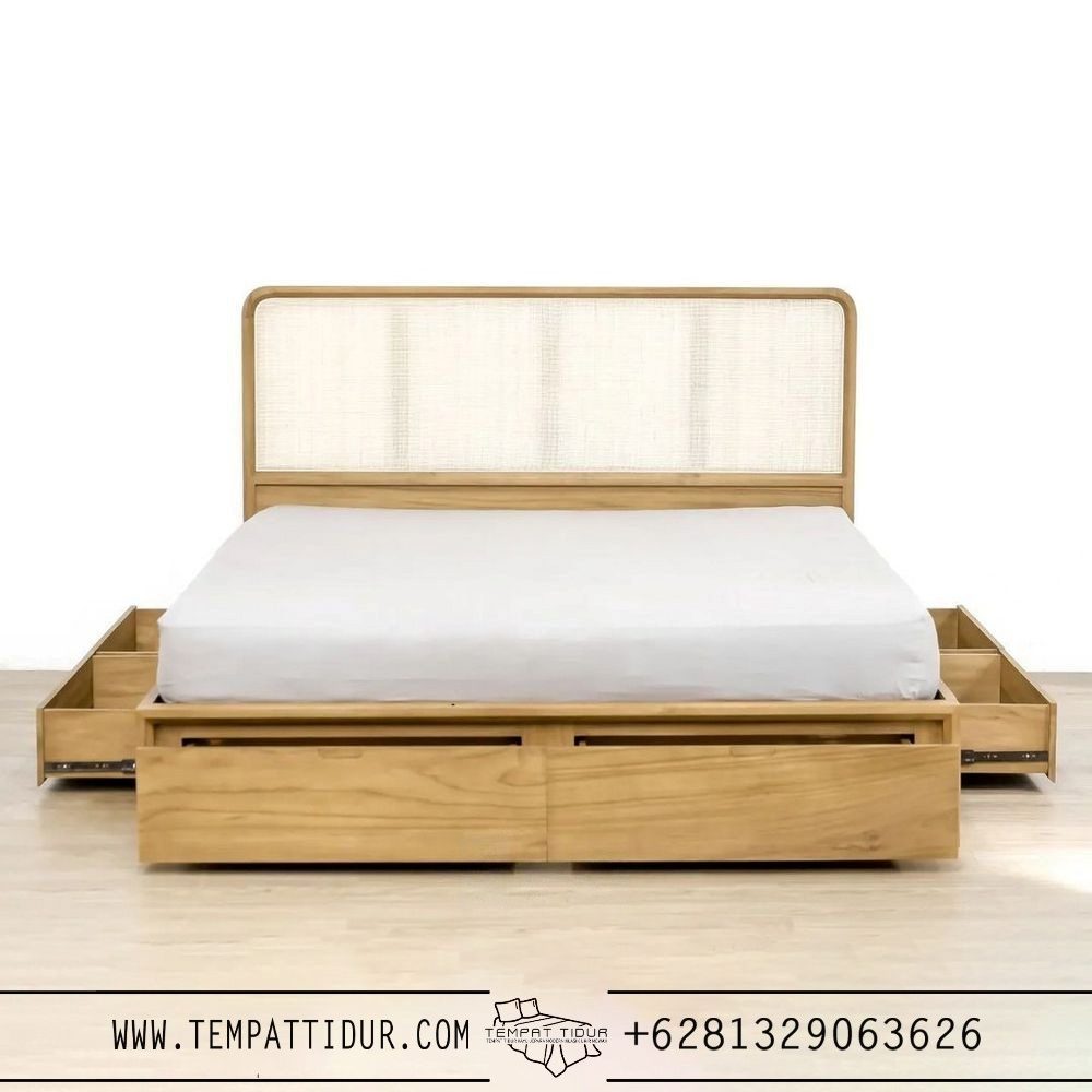 Tempat tidur jati headboard rotan 6 laci TT-124