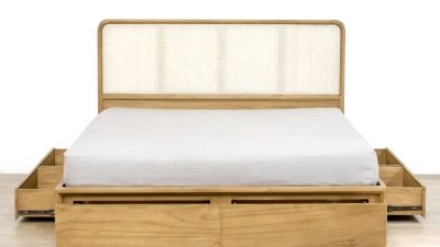 Tempat tidur jati headboard rotan 6 laci TT-124