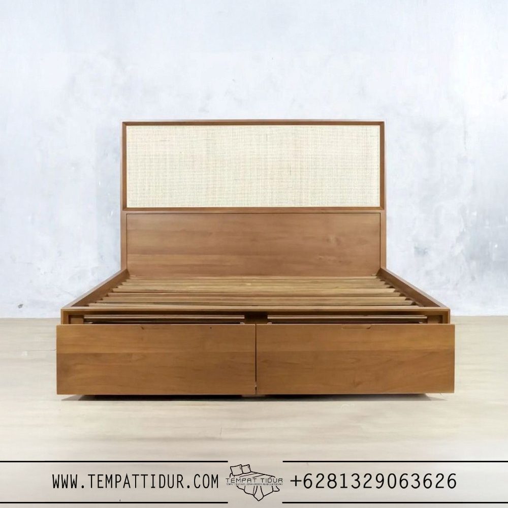 Tempat tidur kayu jati minimalis modern 2 laci TT-125